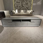Contemporary Light Grey Wood TV Stand with Open Shelves and Handle-Free Drawers